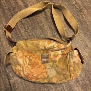 Fossil Floral Canvas Crossbody Bag - Tan and Orange
